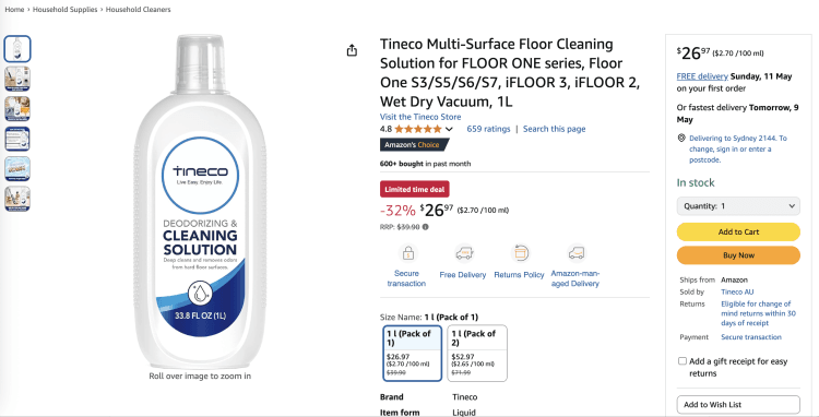 Amazon: Tineco Multi-Surface Floor Cleaning Solution 1L – 32% Off – $26.97